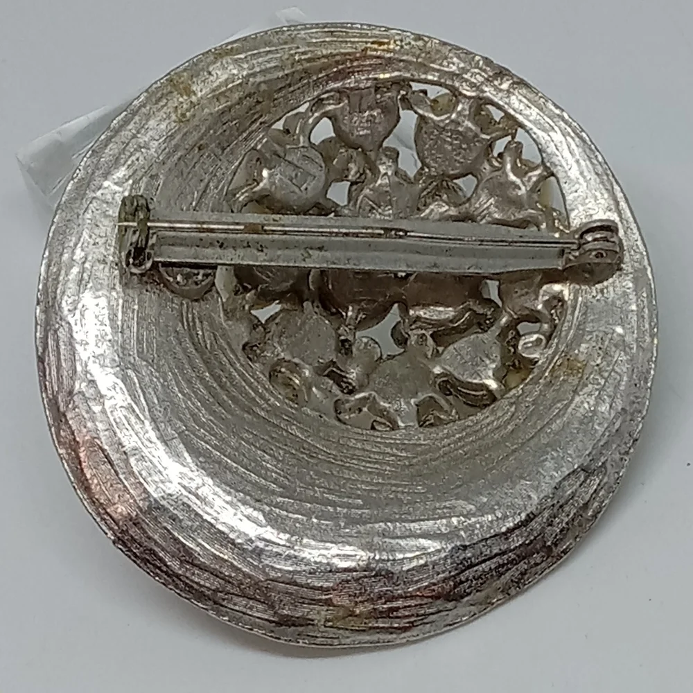 * vintage faux pearls & AB crystals large round silver tone pin brooch
